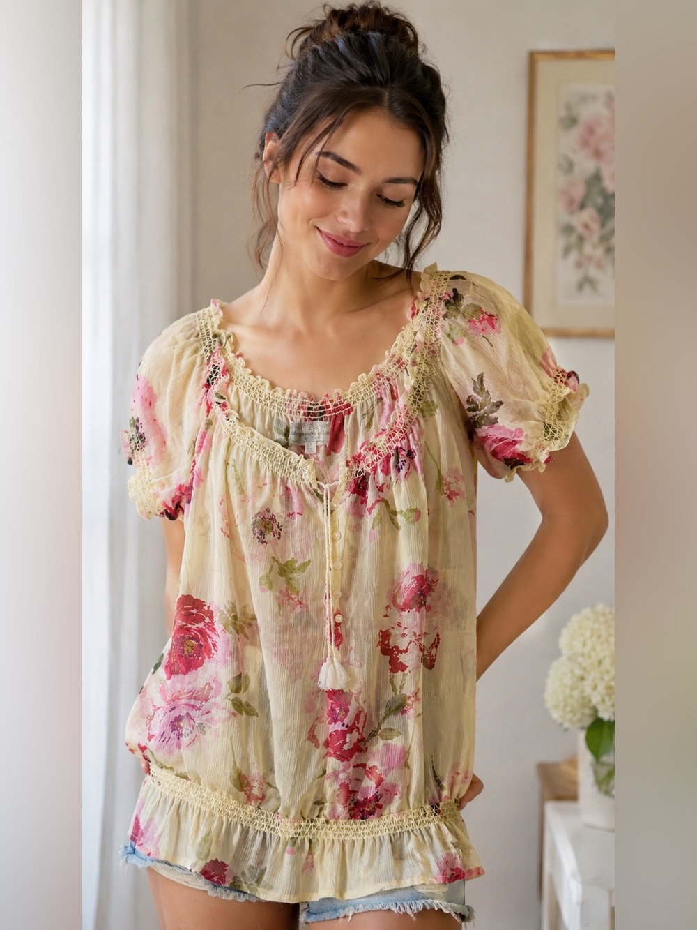 Abercrombie & Fitch Floral Boho Semi Sheer Peasant top M